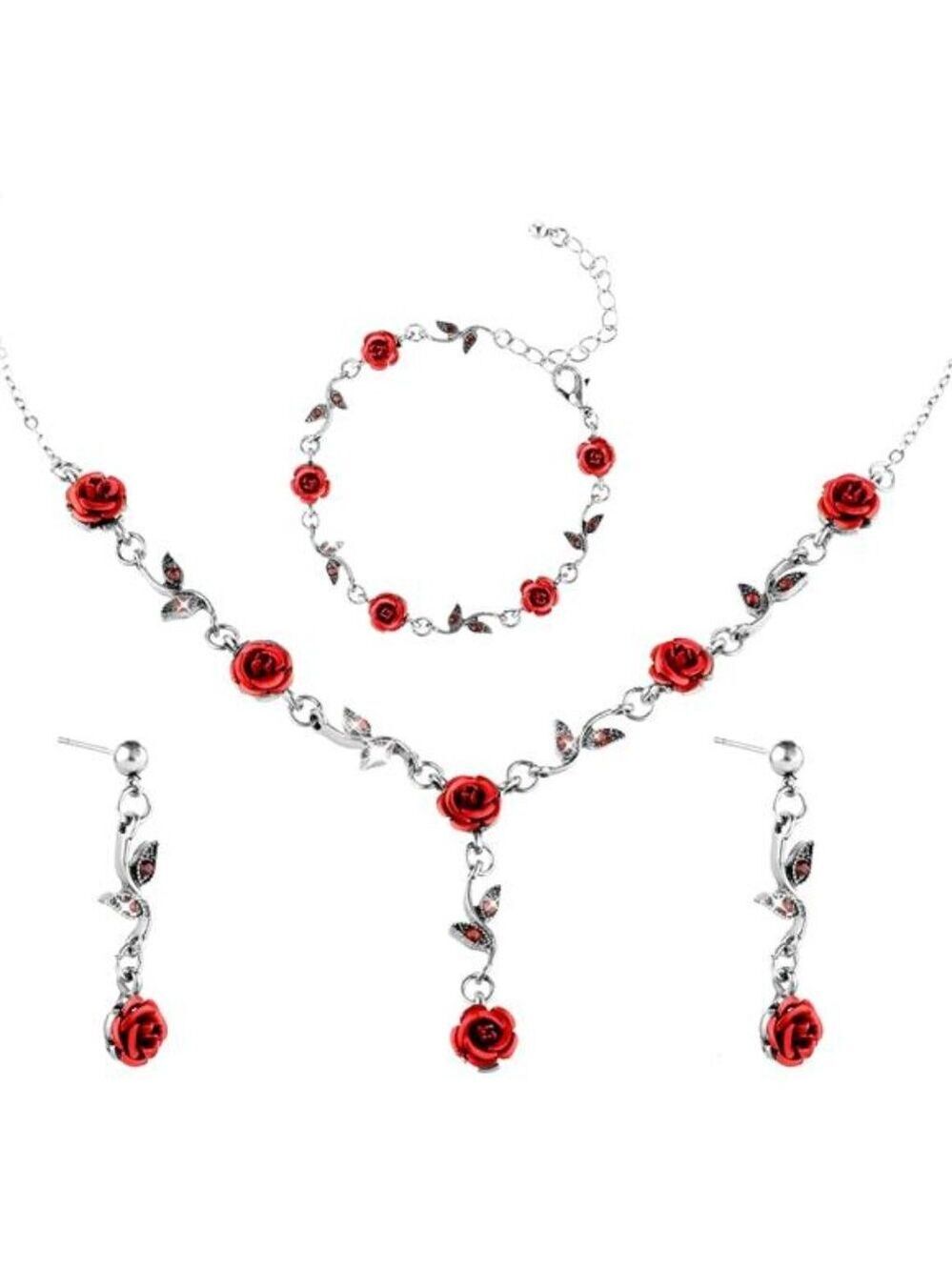 Red Rose Jewelry Set Necklace Bracelet Earrings Flower Jewelry for Women Gifts